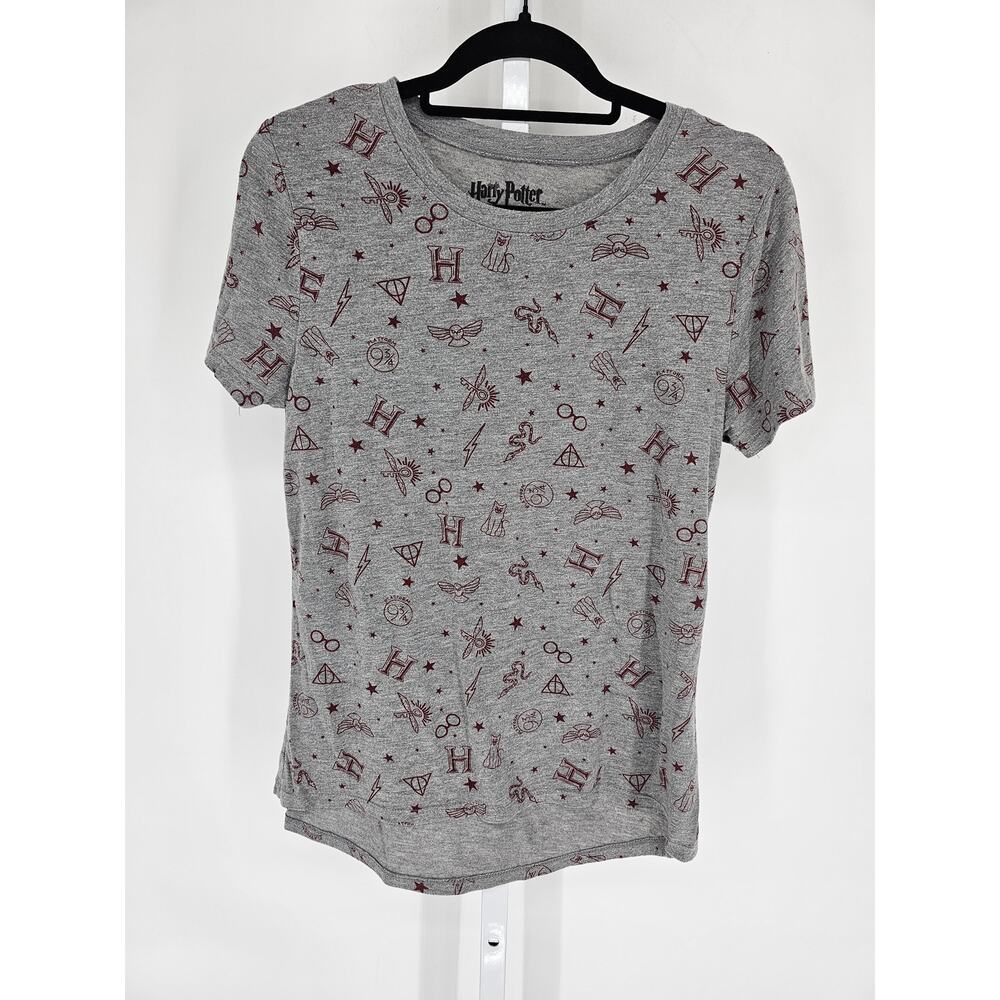 Harry Potter Womens Sz L Short Sleeve Crew Neck T Shirt all Over Print Gray Red